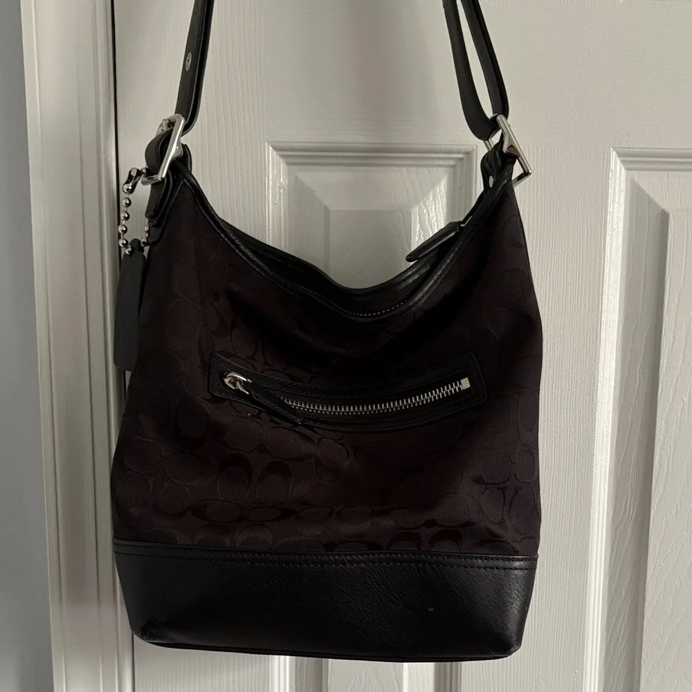 Coach Black Logo Fabric & Leather Shoulder Bag Adjustable Strap Zip Pockets